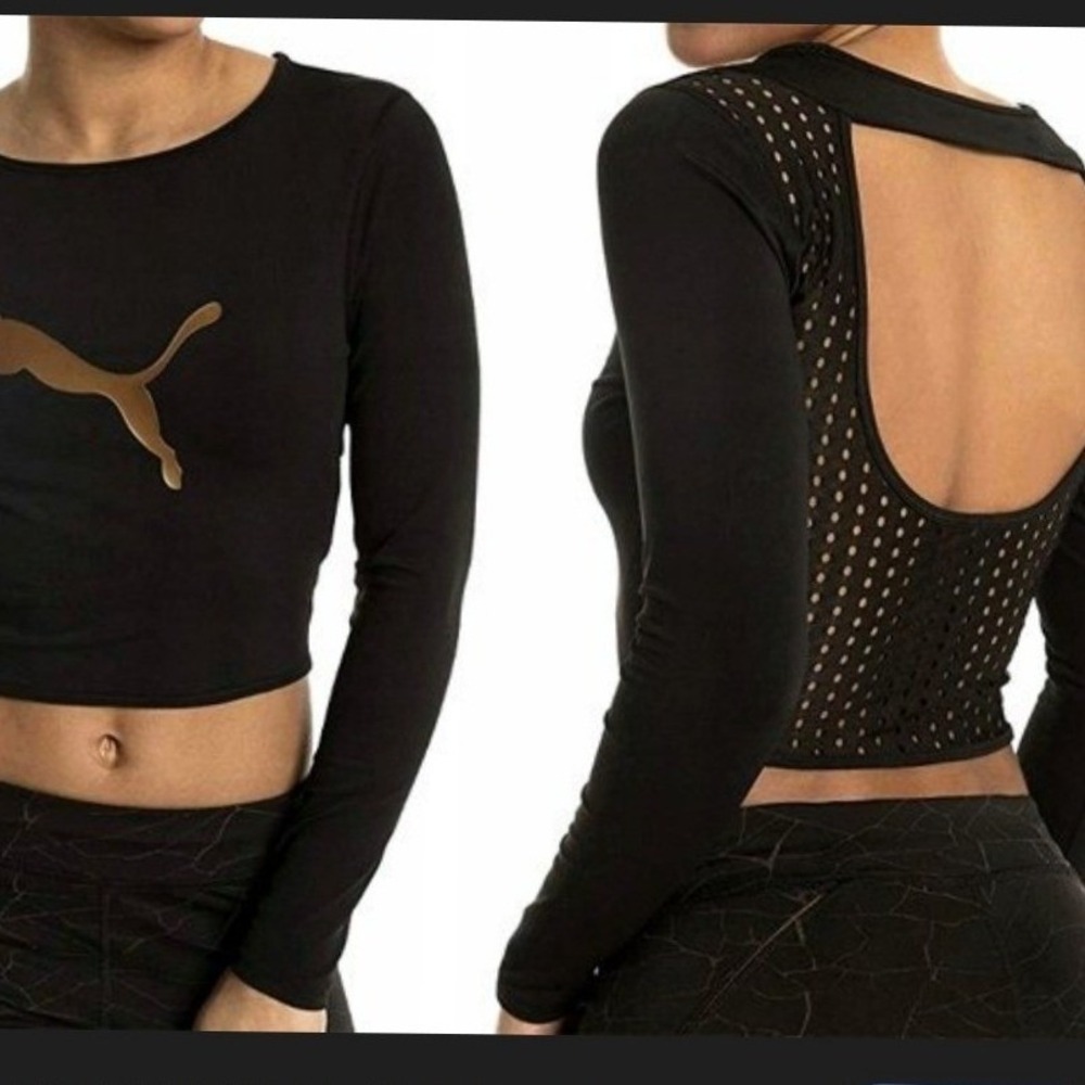 Puma‎ Womens Black Gold Metallic Logo Open Back Mesh Crop Top 517080-01 XS